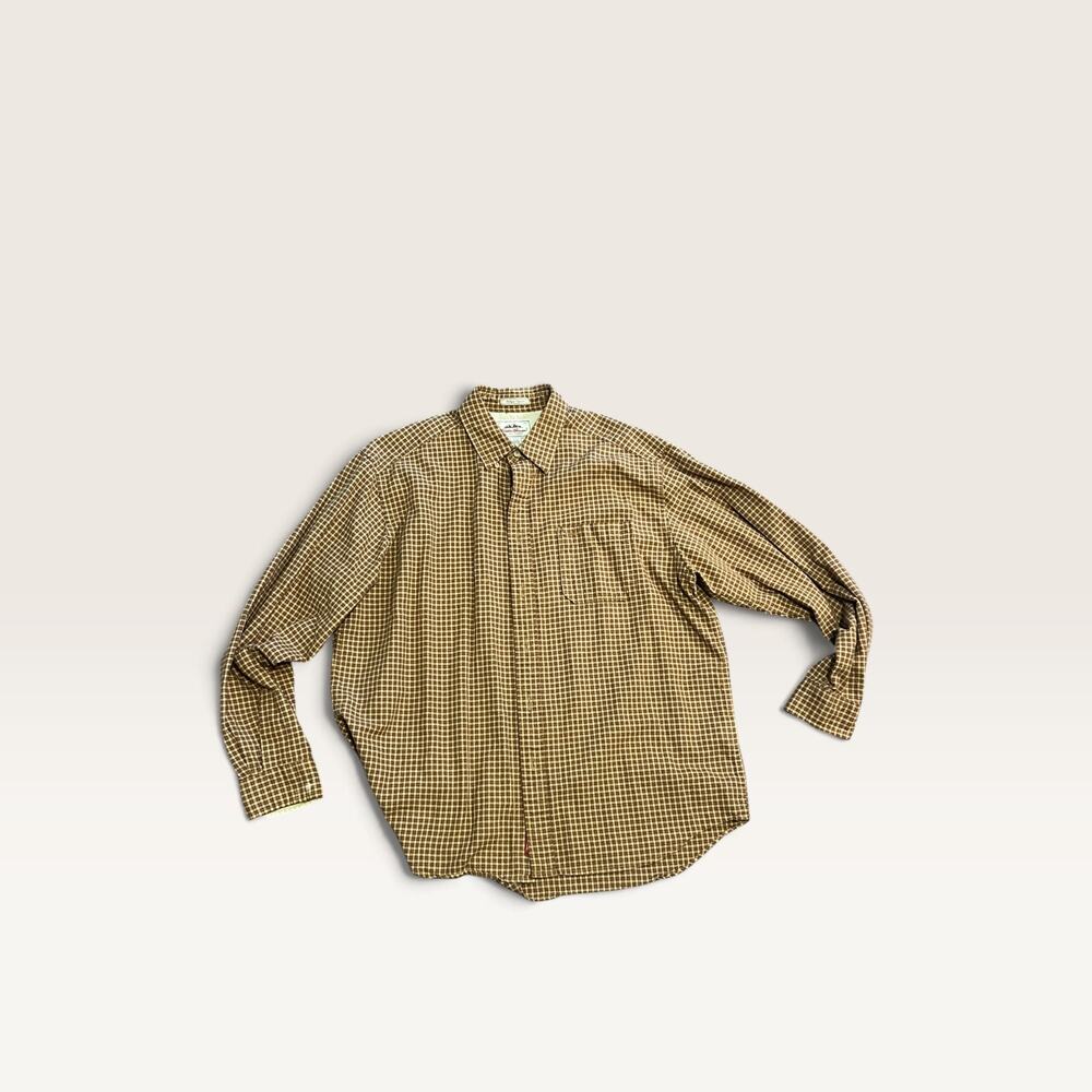 Eddie Bauer Antique Oxford Shirt Men's L Brown Tan Houndstooth Check 100% Cotton